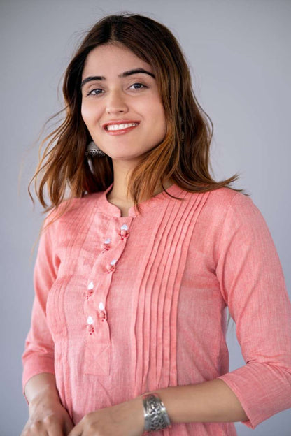 PEACH EMBROIDERED KHARI COTTON KURTA -NVKS748