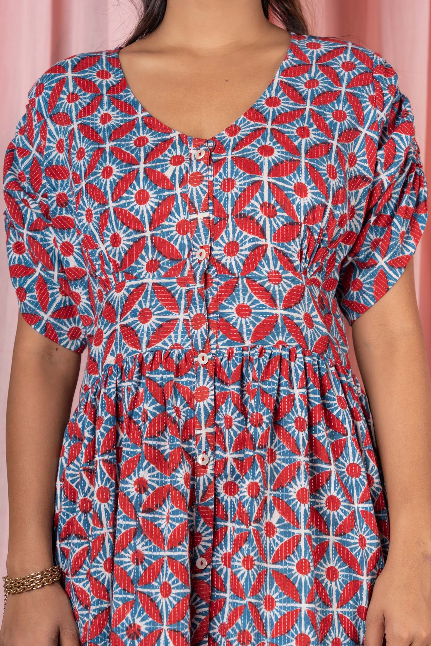 BLOCK PRINTED KANTHA GATHER DRESS-NFD20