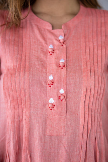 PEACH EMBROIDERED KHARI COTTON KURTA -NVKS748