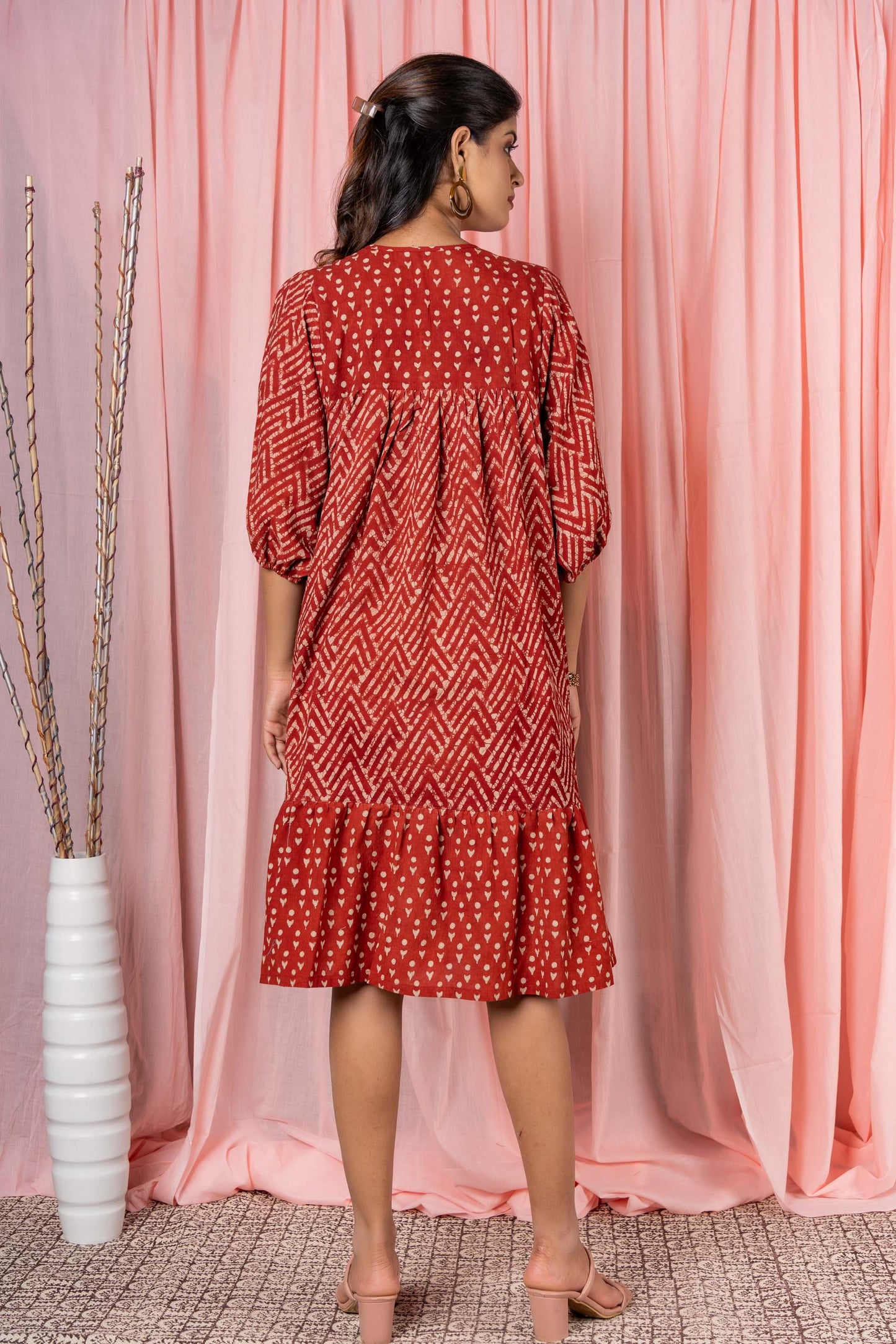 BAGRU RED GATHER DRESS-NFD11