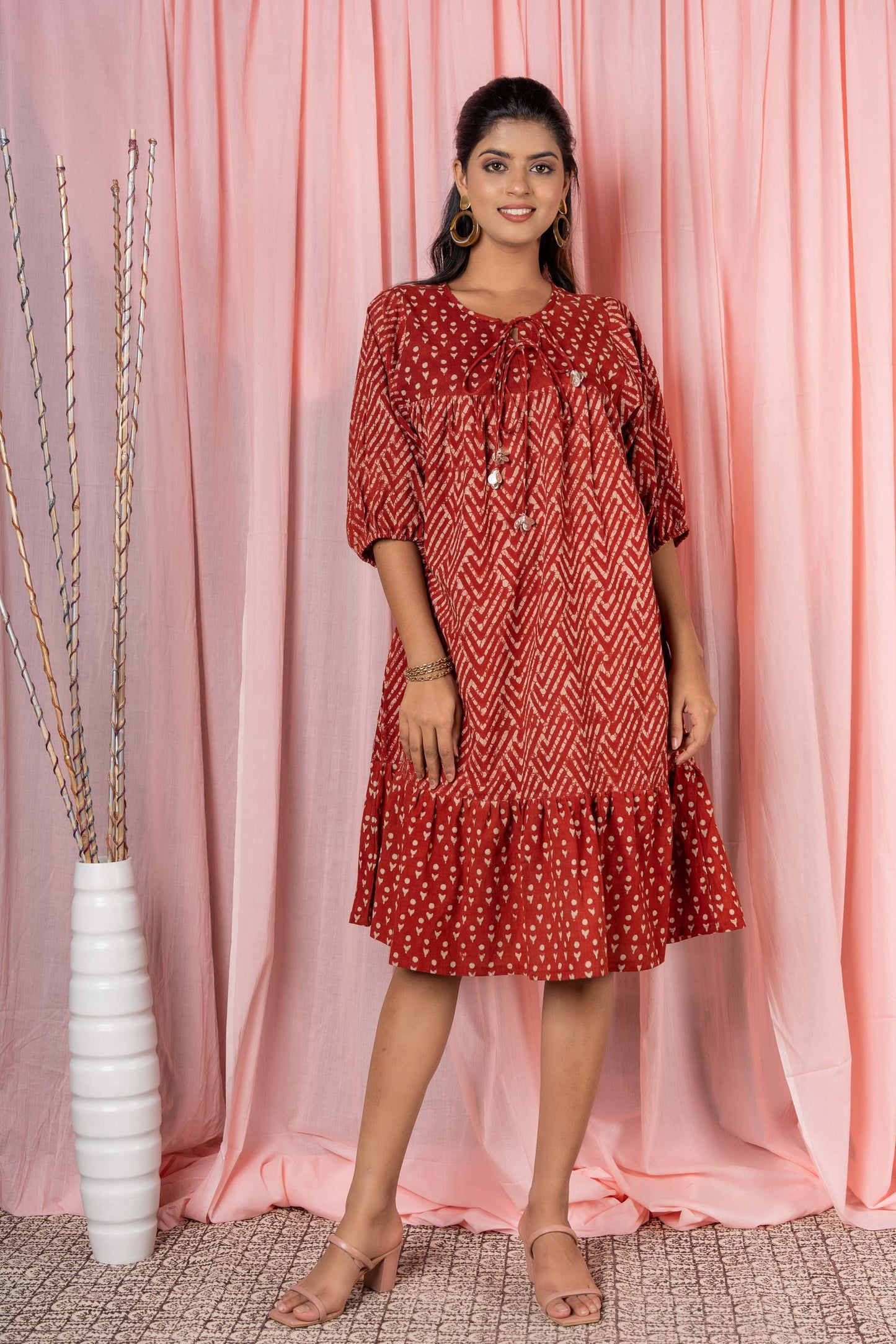 BAGRU RED GATHER DRESS-NFD11