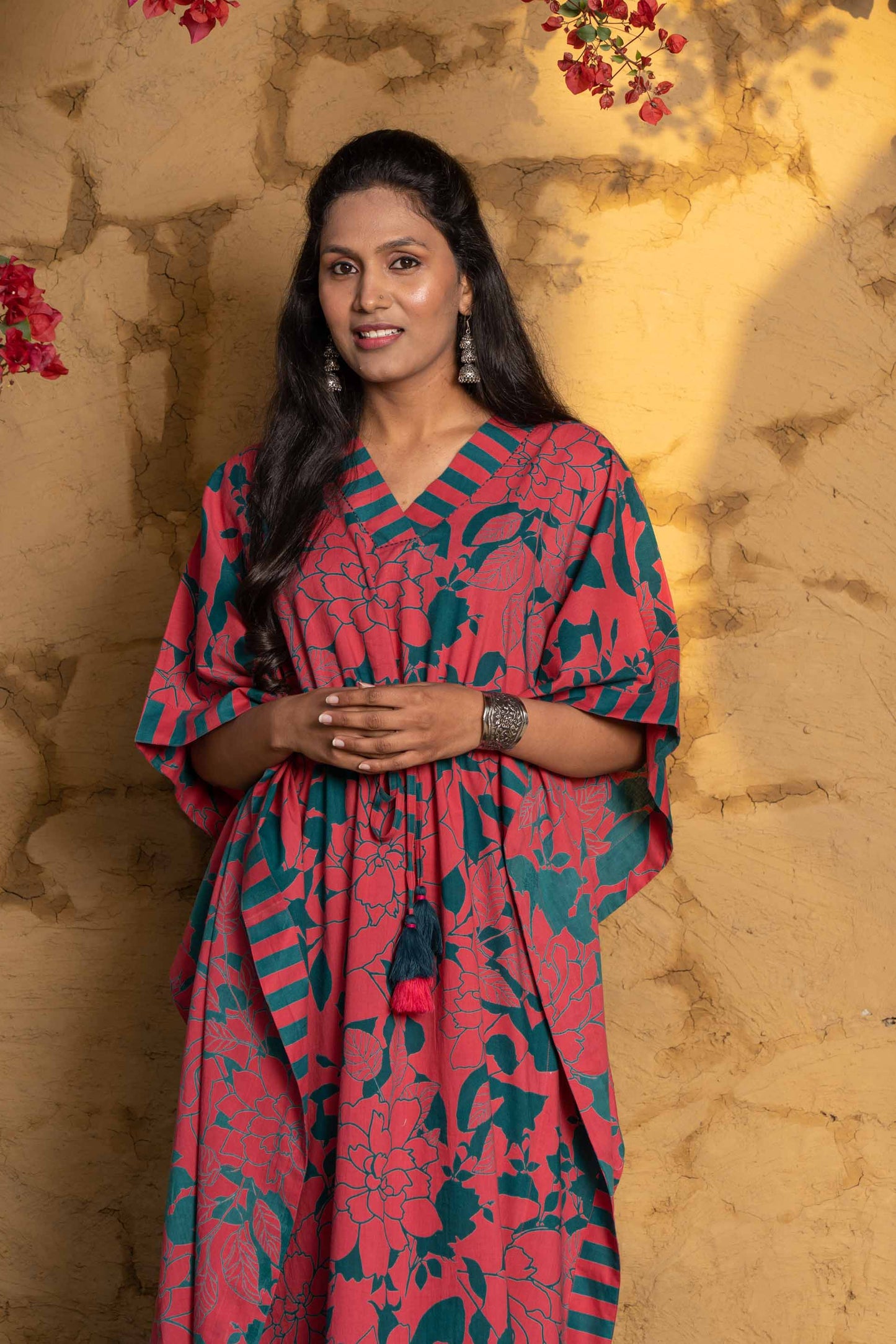 GREEN PINK FLORAL PRINTED KAFTAN-NVK403