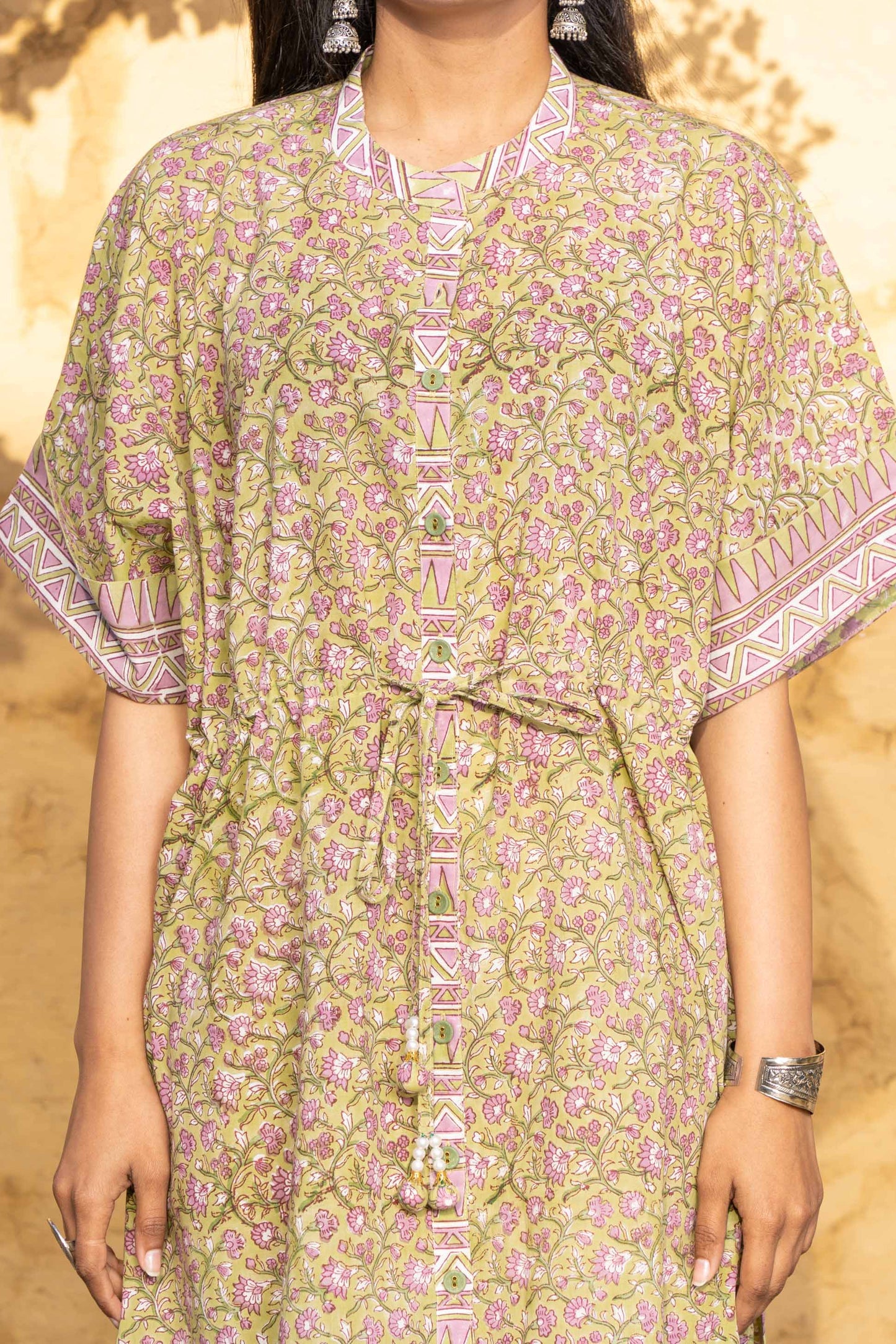 GREEN BLOCK PRINTED COTTON KAFTAN-NVK399