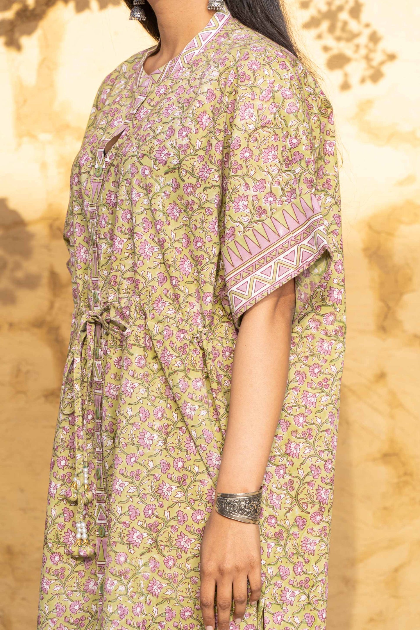 GREEN BLOCK PRINTED COTTON KAFTAN-NVK399