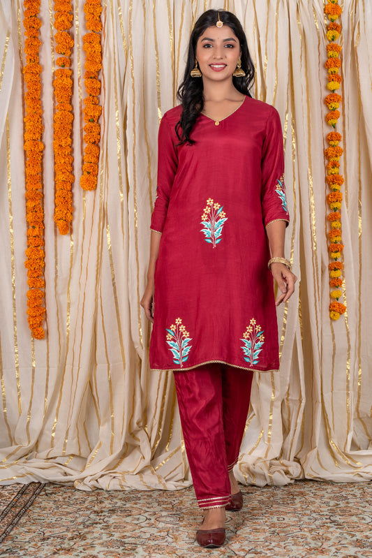 Scarlet Maroon Embroidered Kurta Pant Set-KS213