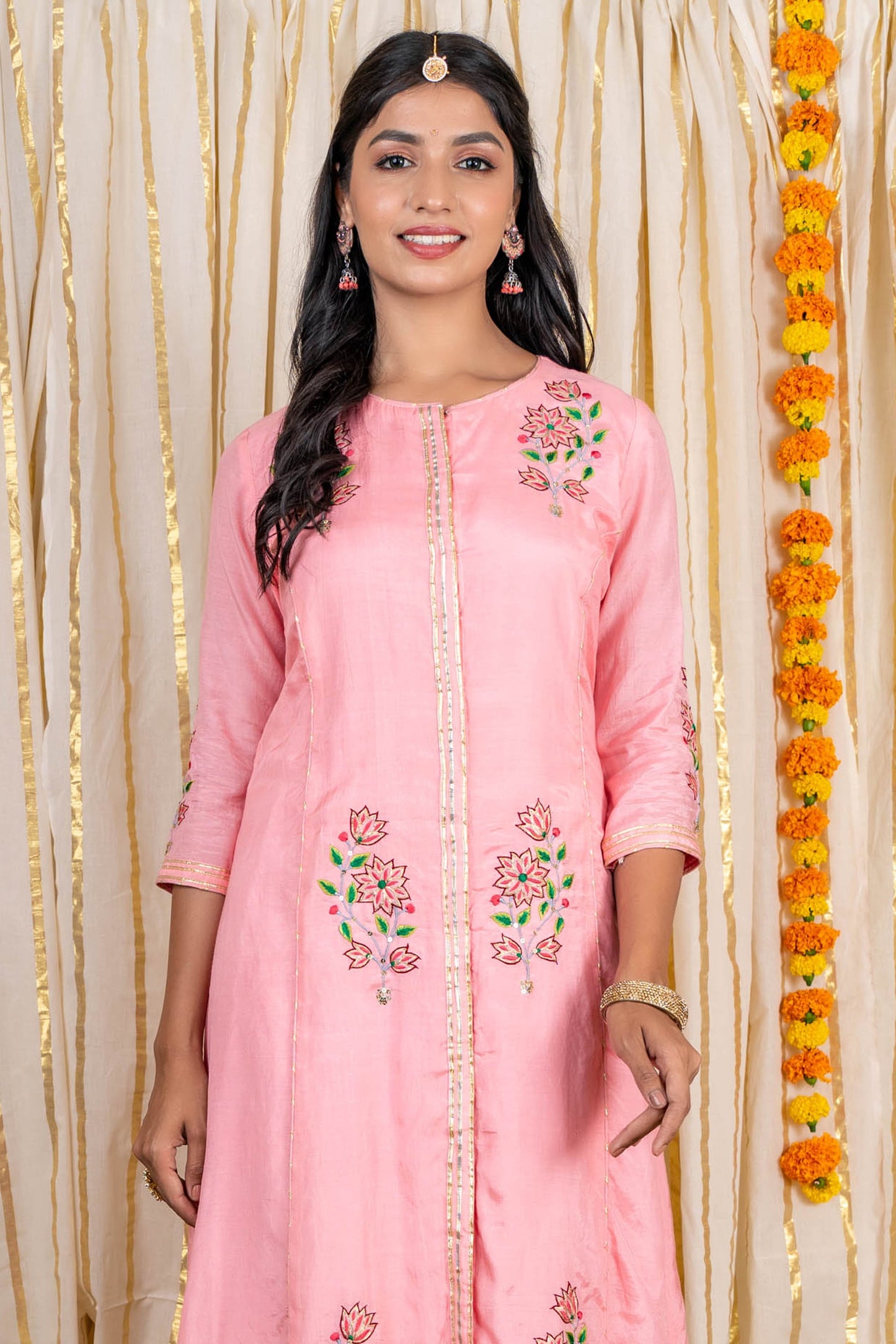 Pink Embroidered Muslin Silk A line Kurta -KS276