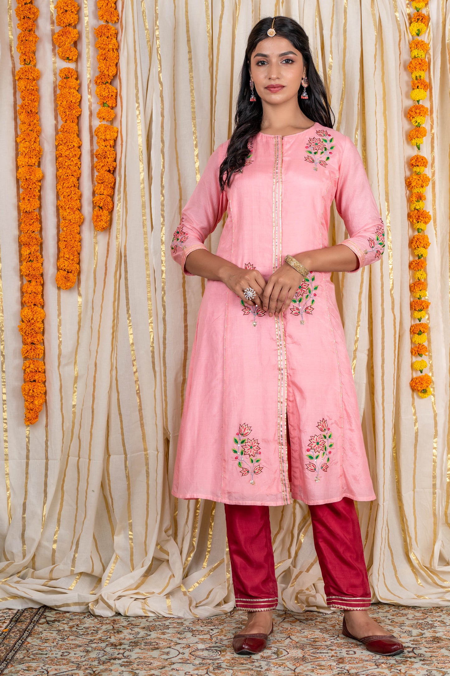 Pink Embroidered Muslin Silk A line Kurta Pant Set-KS205