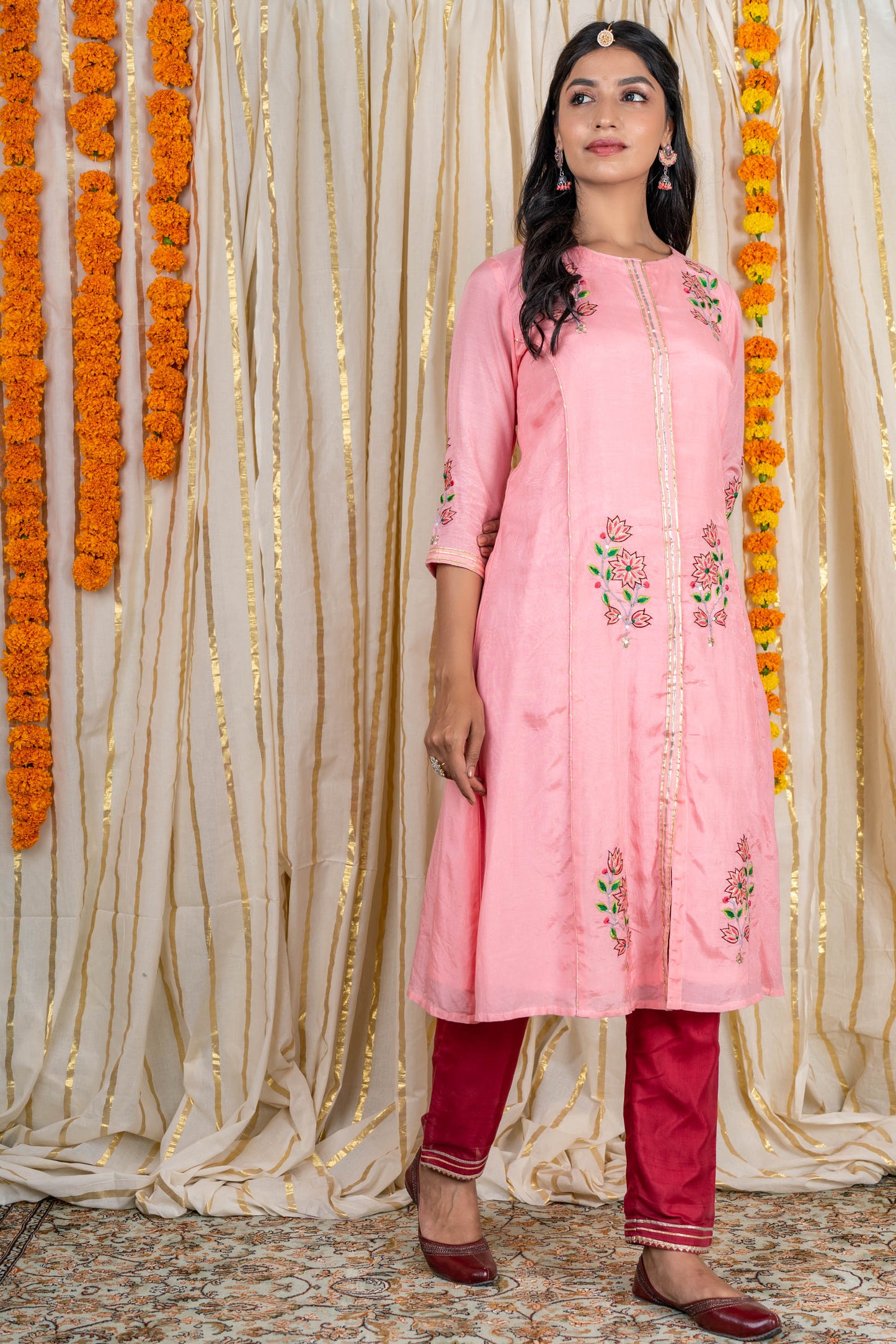 Pink Embroidered Muslin Silk A line Kurta Pant Set-KS205