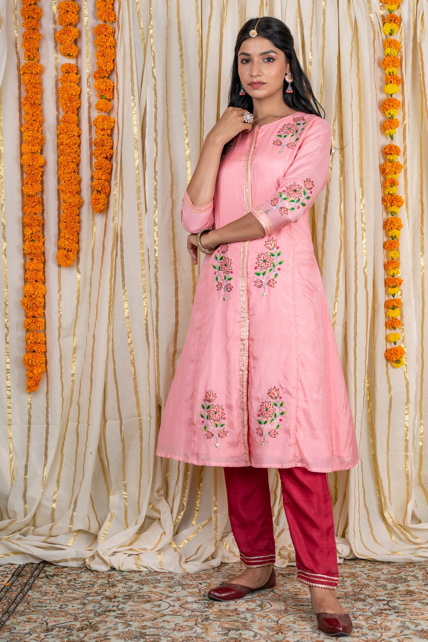 Pink Embroidered Muslin Silk A line Kurta Pant Set-KS205