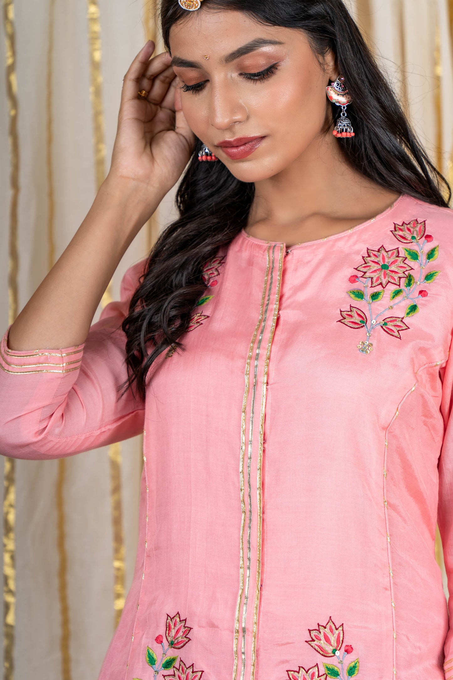 Pink Embroidered Muslin Silk A line Kurta Pant Set-KS205