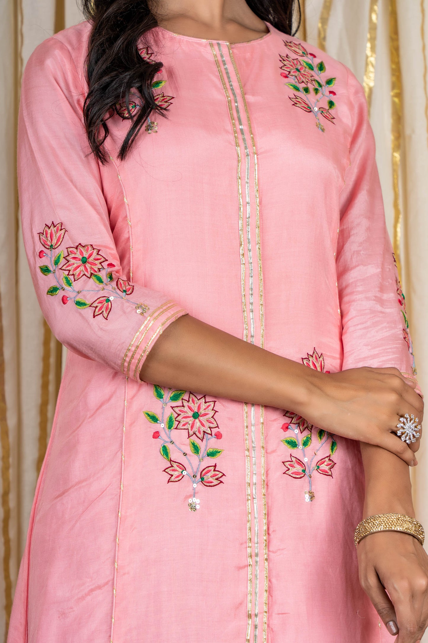 Pink Embroidered Muslin Silk A line Kurta Pant Set-KS205