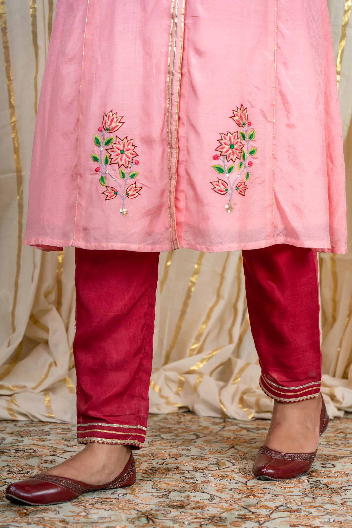 Pink Embroidered Muslin Silk A line Kurta Pant Set-KS205