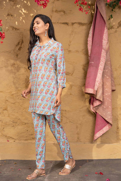 BLUE FLORAL BLOCK PRINTED CO-ORD SET-NVCD09