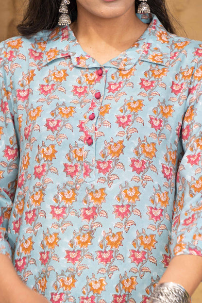 BLUE FLORAL BLOCK PRINTED CO-ORD SET-NVCD09