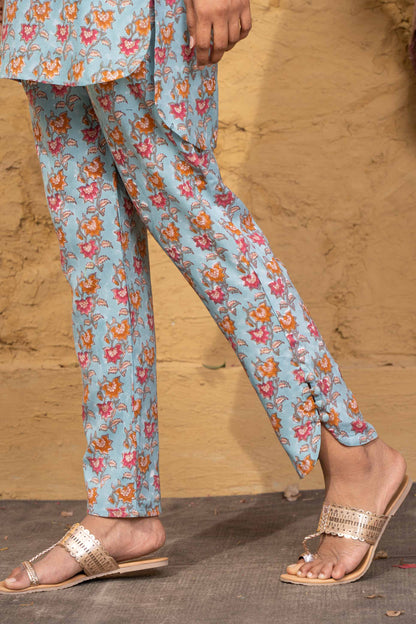 BLUE FLORAL BLOCK PRINTED CO-ORD SET-NVCD09