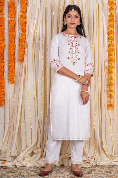 Off White Embroidered Kurta Pant Set-KS207