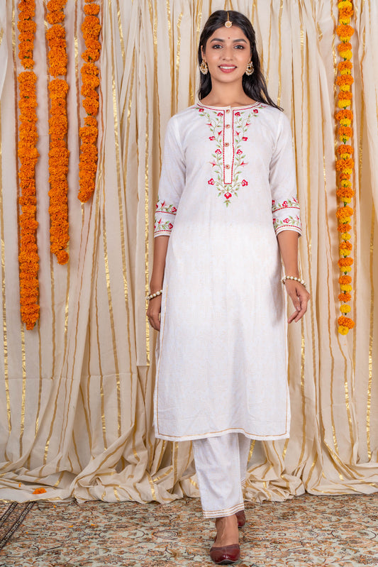 Off White Embroidered Kurta Pant Set-KS207