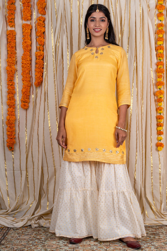 Bright Yellow Muslin Silk Kurta Sharara Set-KS299