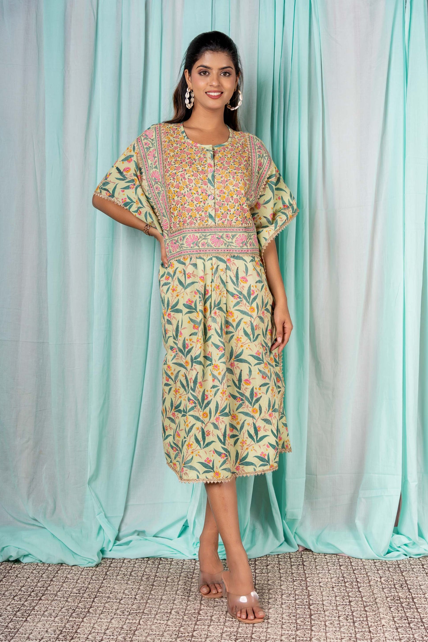 GOURD GREEN BLOCK PRINTED KAFTAN-NVK308