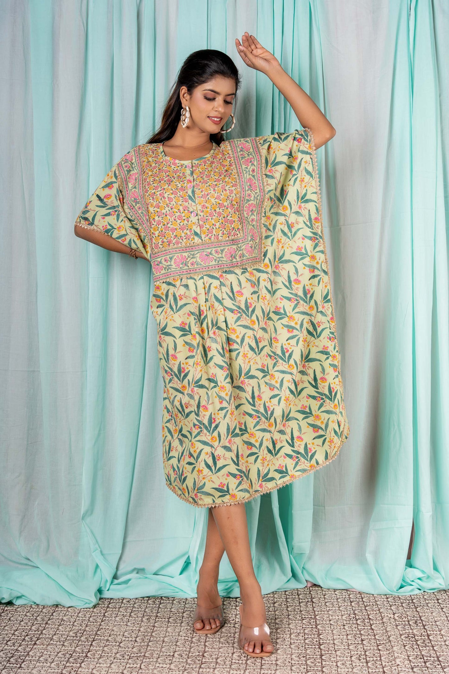 GOURD GREEN BLOCK PRINTED KAFTAN-NVK308