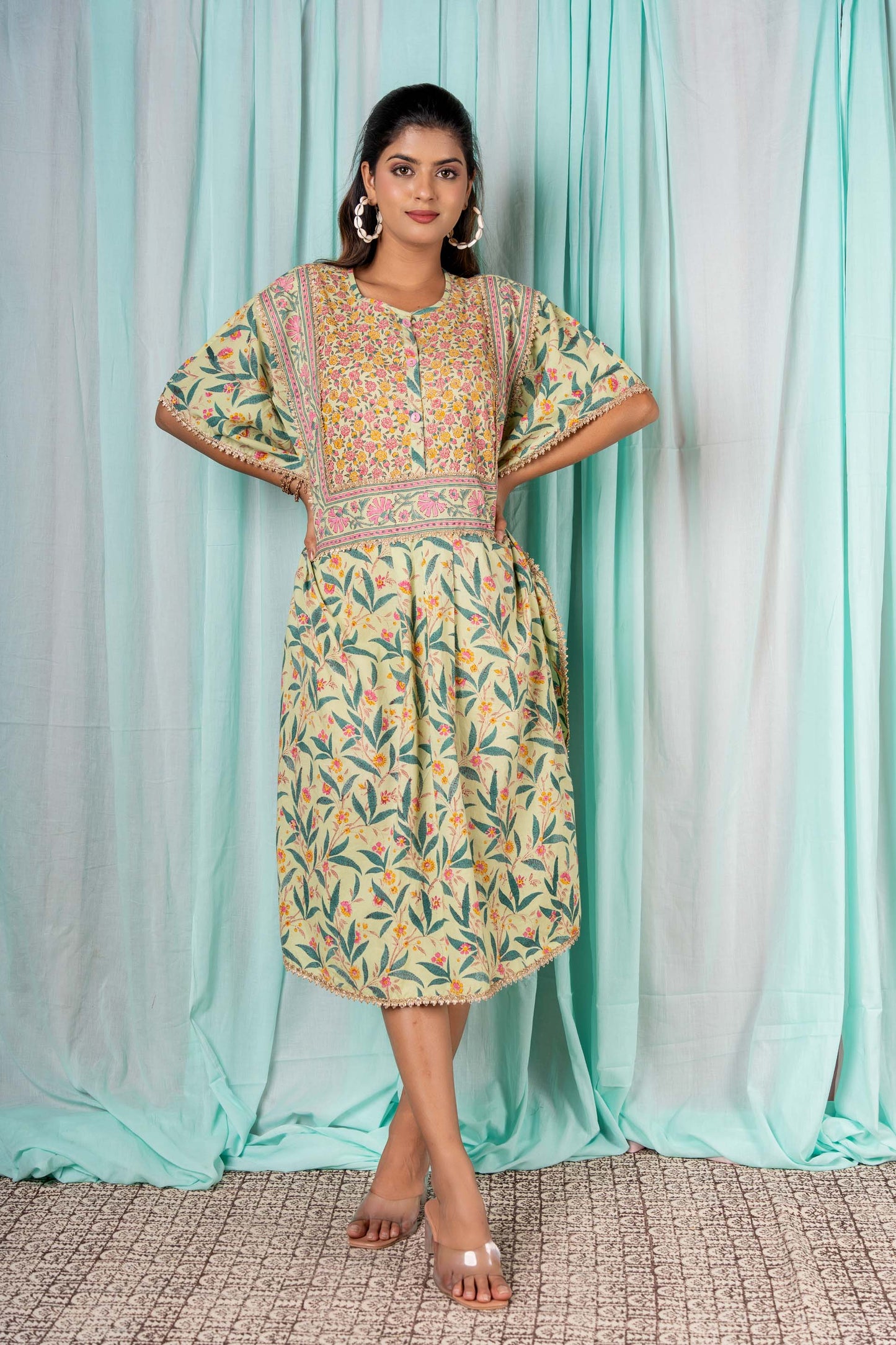 GOURD GREEN BLOCK PRINTED KAFTAN-NVK308