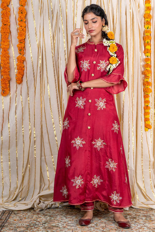 Garnet Maroon Embroidered Muslin Silk Set-KS216