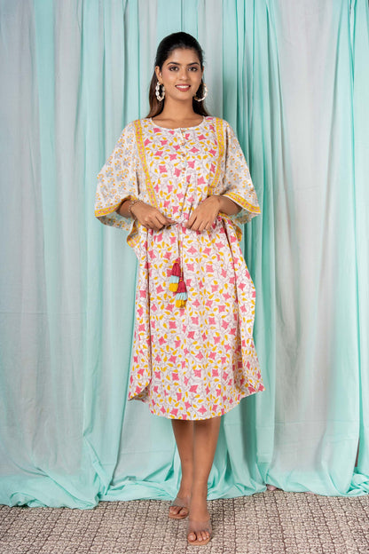 WHITE FLORAL BLOCK PRINT KAFTAN-NVK301
