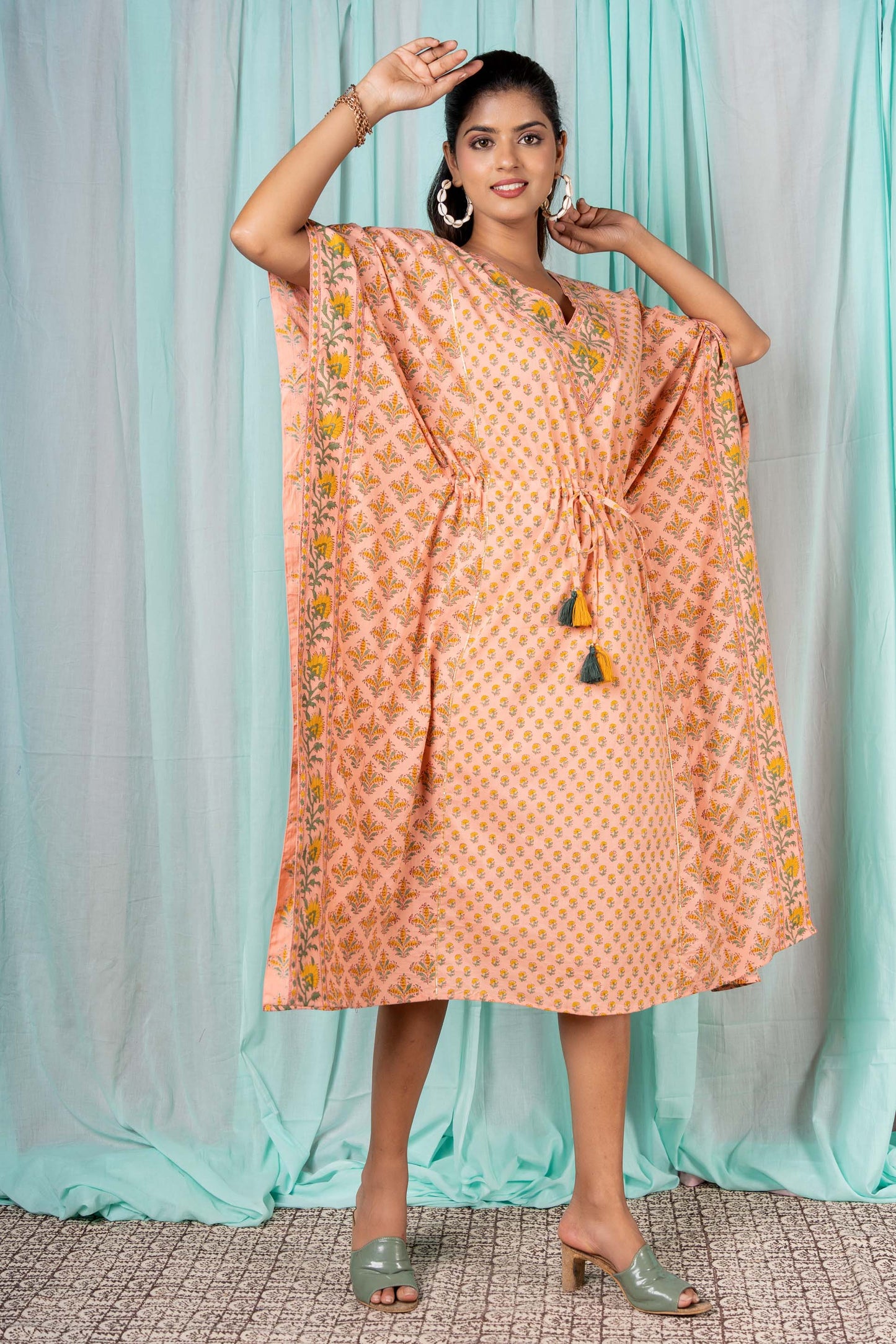 PEACH BLOCK PRINTED COTTON KAFTAN-NVK299