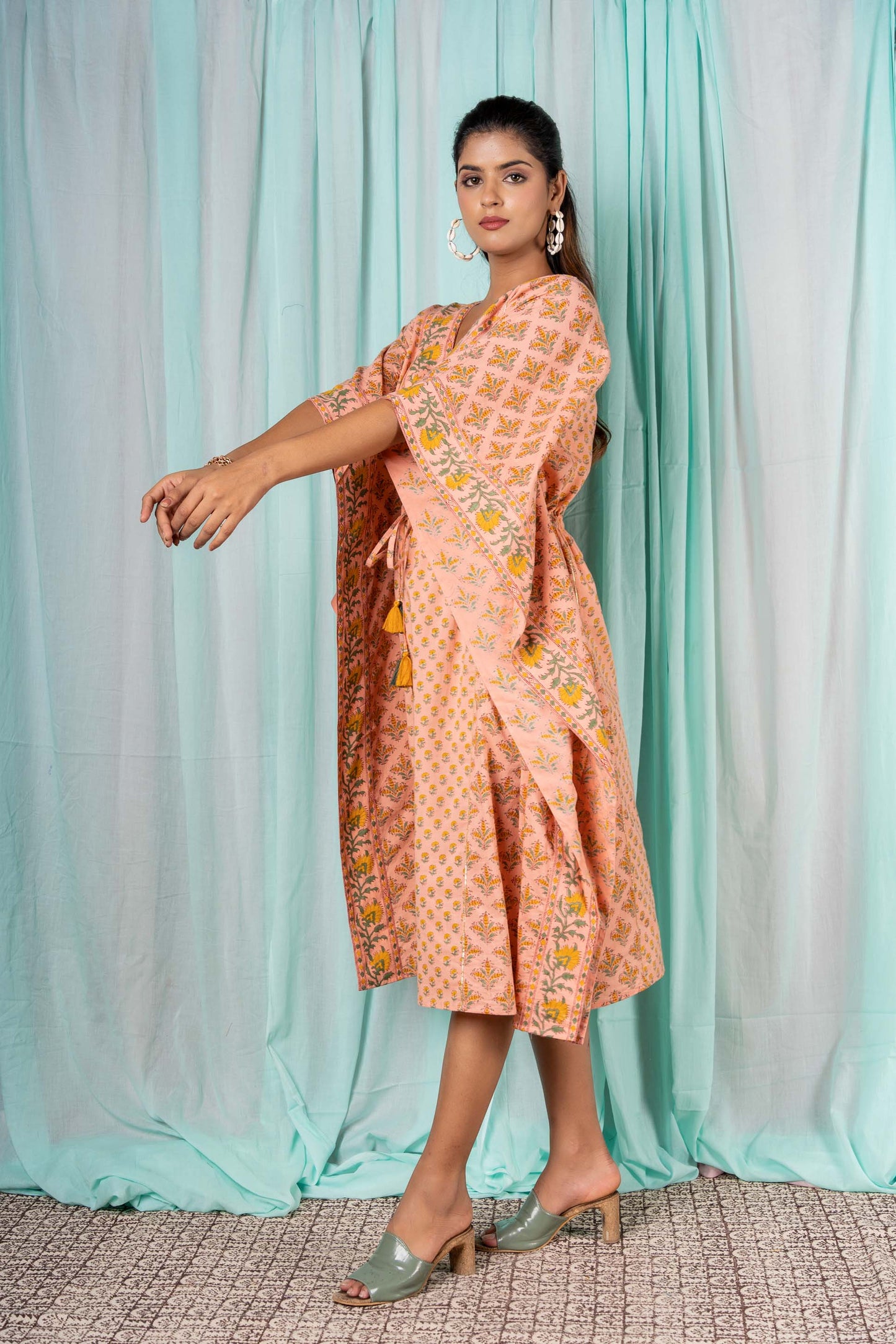 PEACH BLOCK PRINTED COTTON KAFTAN-NVK299