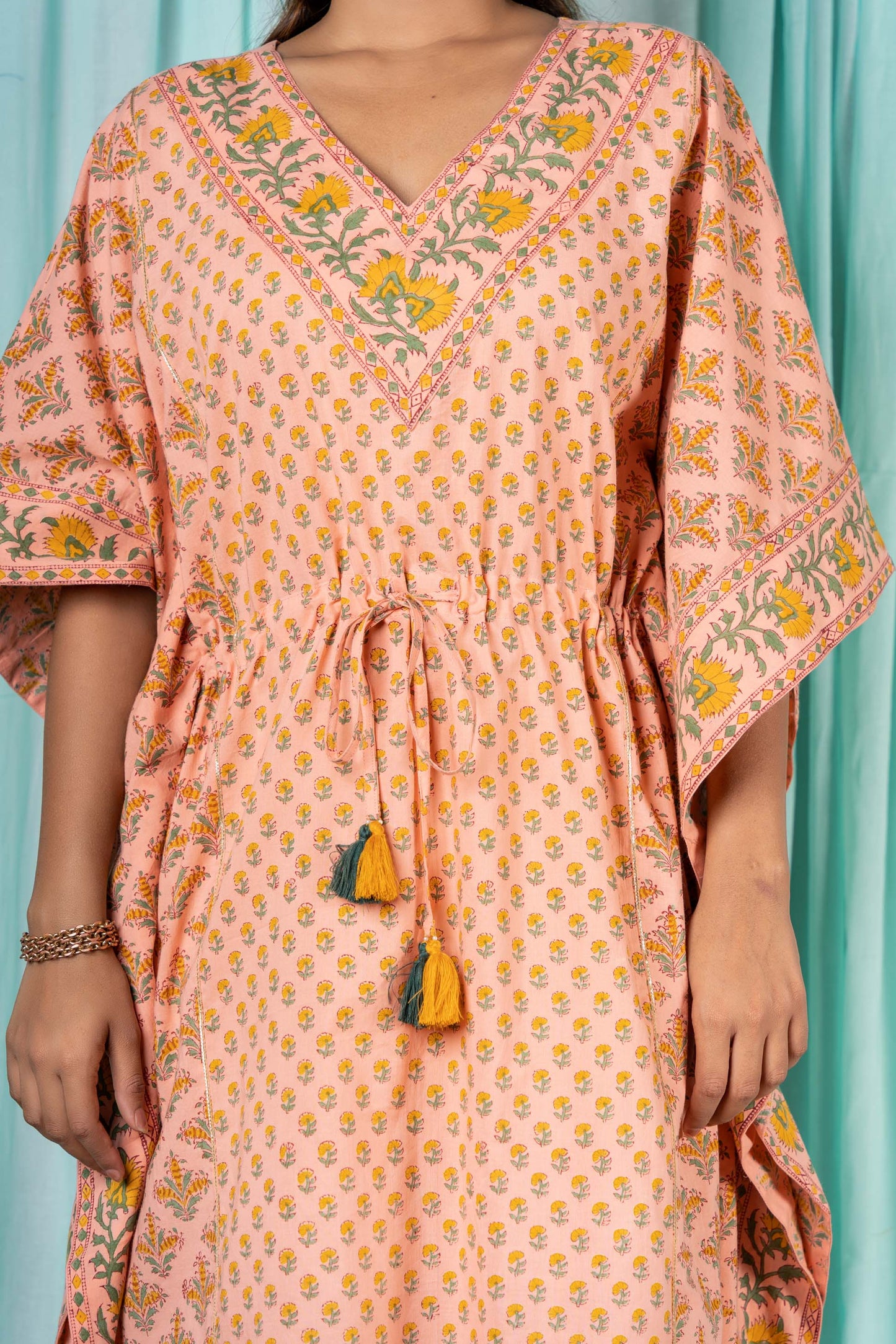 PEACH BLOCK PRINTED COTTON KAFTAN-NVK299