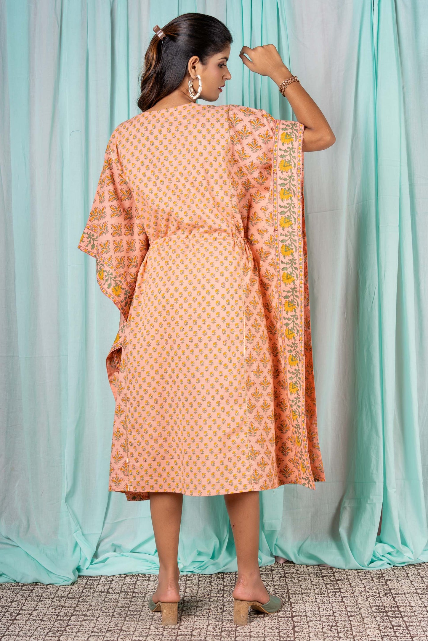 PEACH BLOCK PRINTED COTTON KAFTAN-NVK299