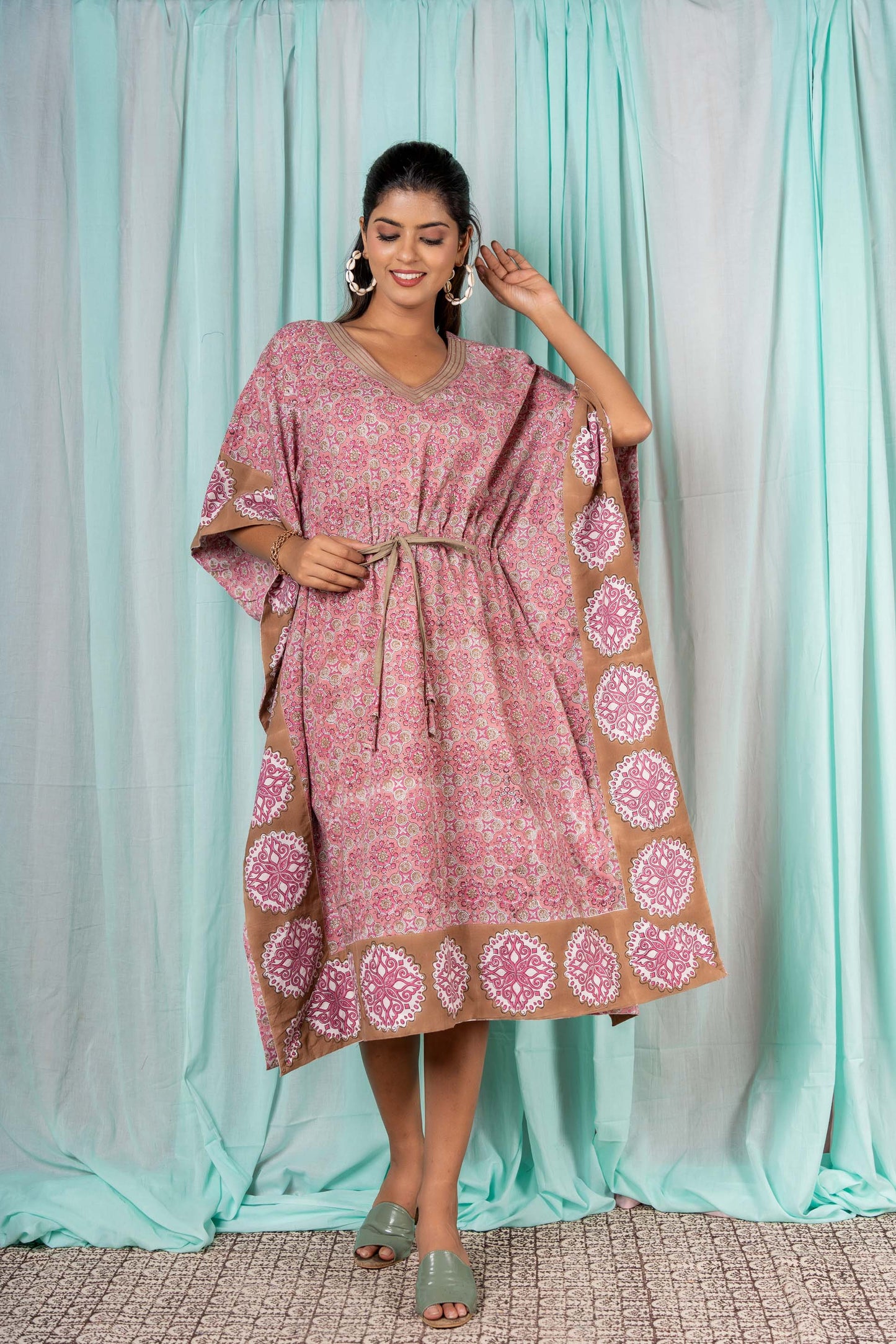 PINK DESIGNER BLOCK PRINT KAFTAN-NVK300