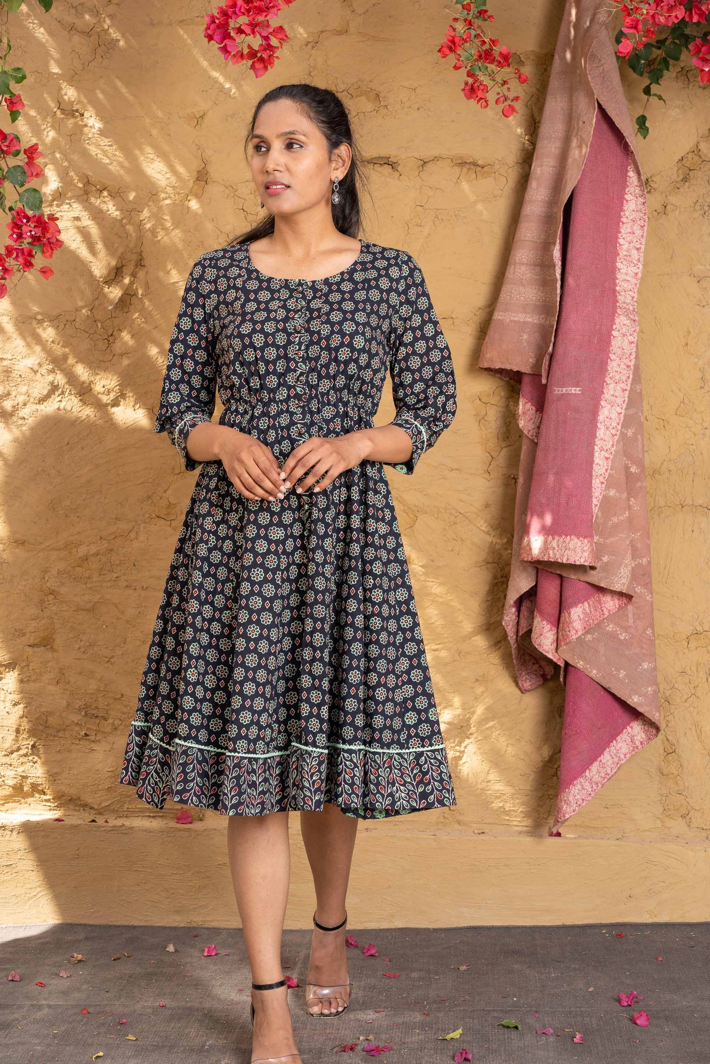 FLORAL AJRAKH BLOCK PRINTED FLAIR DRESS-NFD52