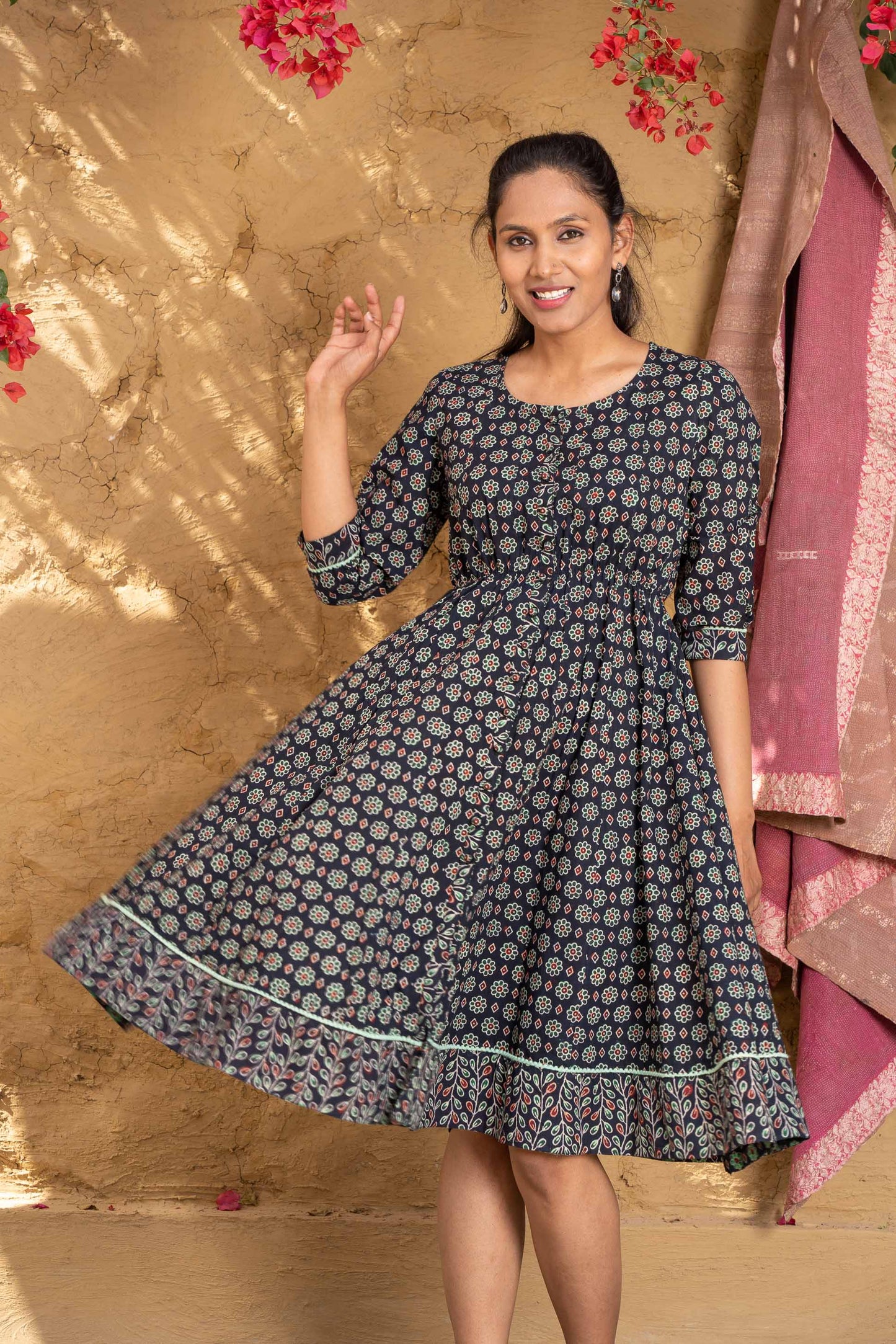 FLORAL AJRAKH BLOCK PRINTED FLAIR DRESS-NFD52