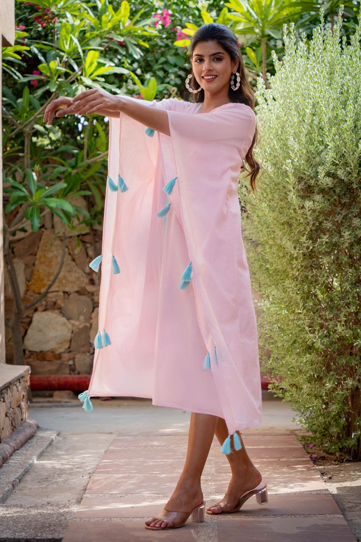 BABY PINK DOUBLE LAYER MULMUL KAFTAN-NVK319