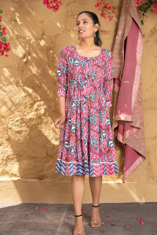 FLORAL PINK BLOCK PRINTED MIDI DRESS-NFD51