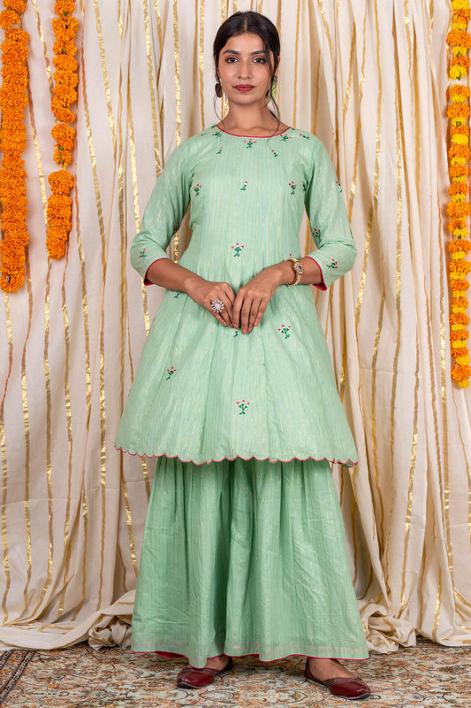 Gourd Green Zari Cotton Kurta Sharara Set-KS229