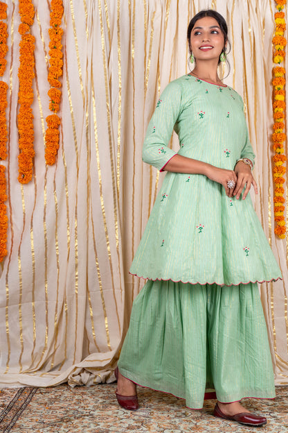 Gourd Green Zari Cotton Kurta Sharara Set-KS229