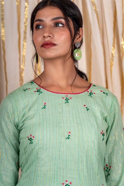 Gourd Green Zari Cotton Kurta Sharara Set-KS229