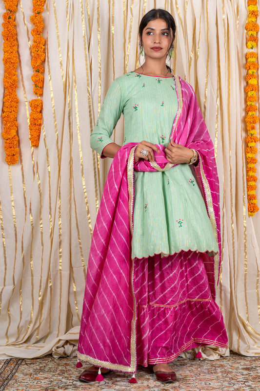 Gourd Green Zari Cotton Dupatta Set-KS245