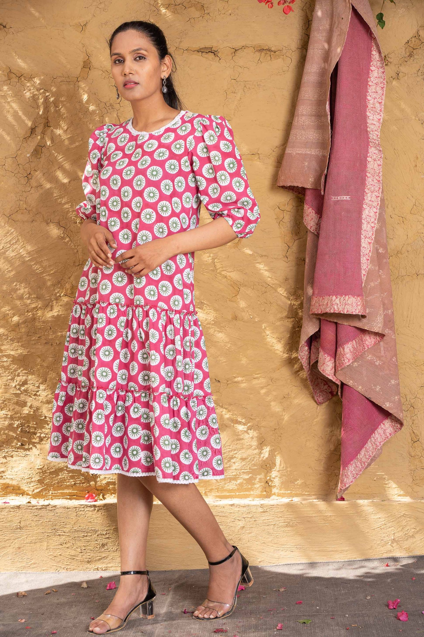 PINK FLORAL BLOCK PRINTED TIER DRESS-NFD53