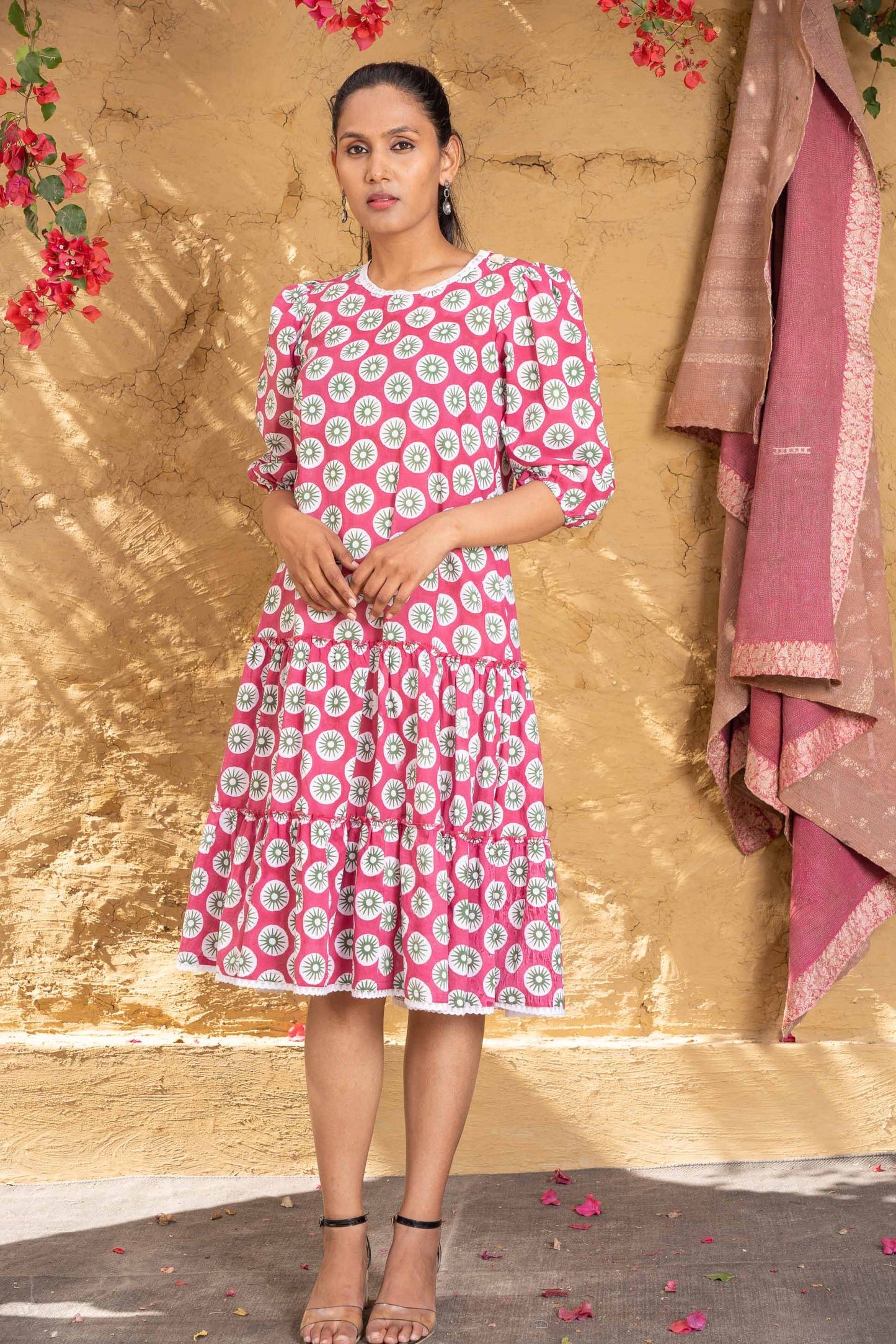 PINK FLORAL BLOCK PRINTED TIER DRESS-NFD53