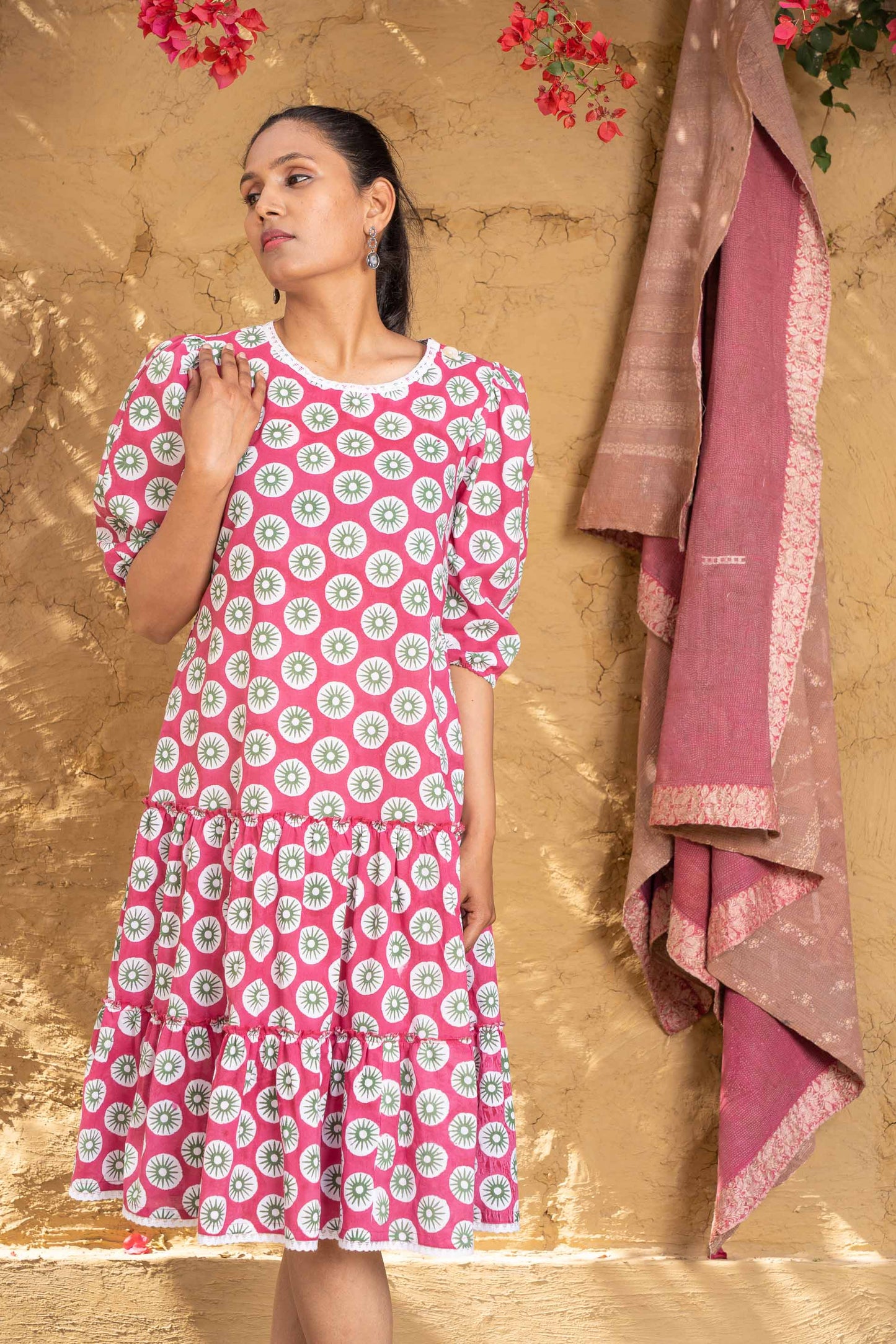 PINK FLORAL BLOCK PRINTED TIER DRESS-NFD53