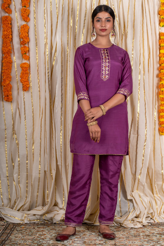 Orchind Purple Muslin Silk Kurta Pant Set-KS227