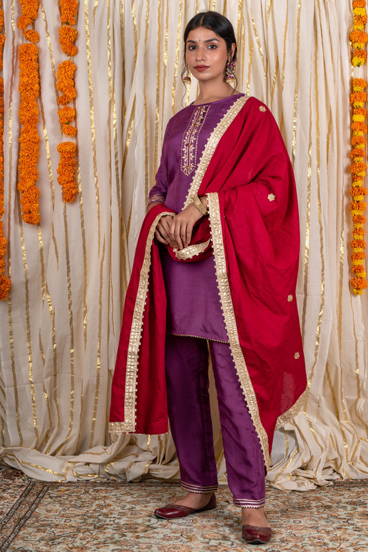 Orchid Muslin Silk Kurta Pant Dupatta Set-KS233