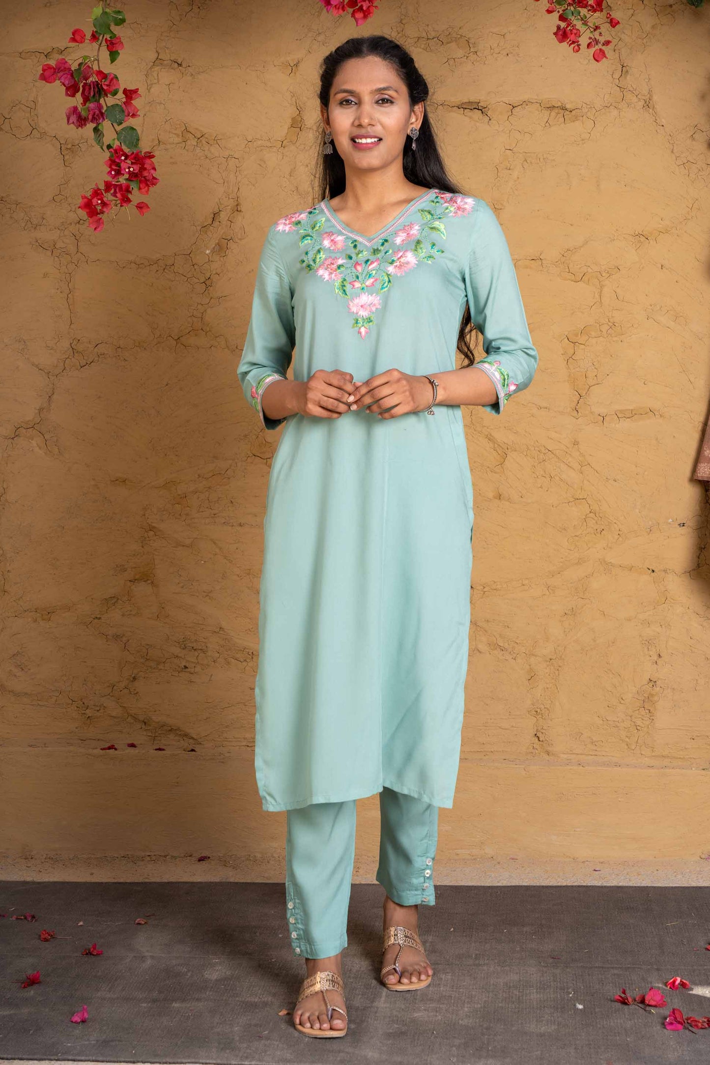 Dusty Green Embroidered Kurta Set-KS588