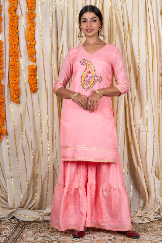 Creamy Pink Muslin Silk Kurta Sharara Set-KS234