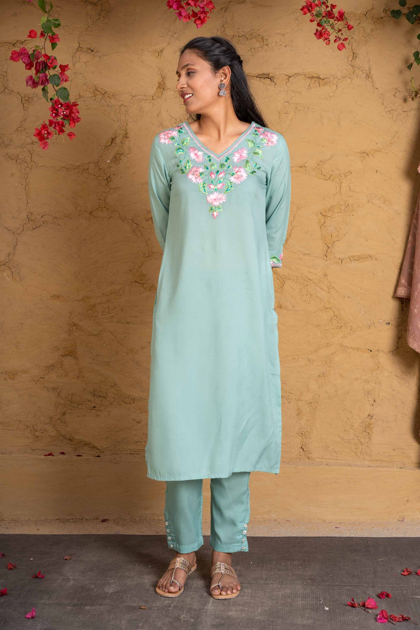 Dusty Green Embroidered Kurta Set-KS588