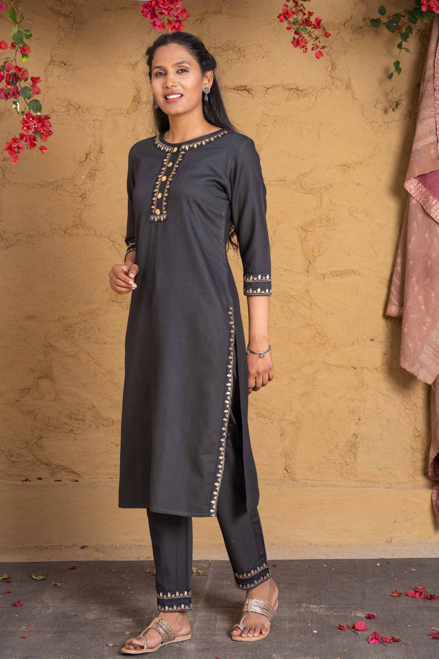 Golden Black Embroidered Kurta Set-KS590