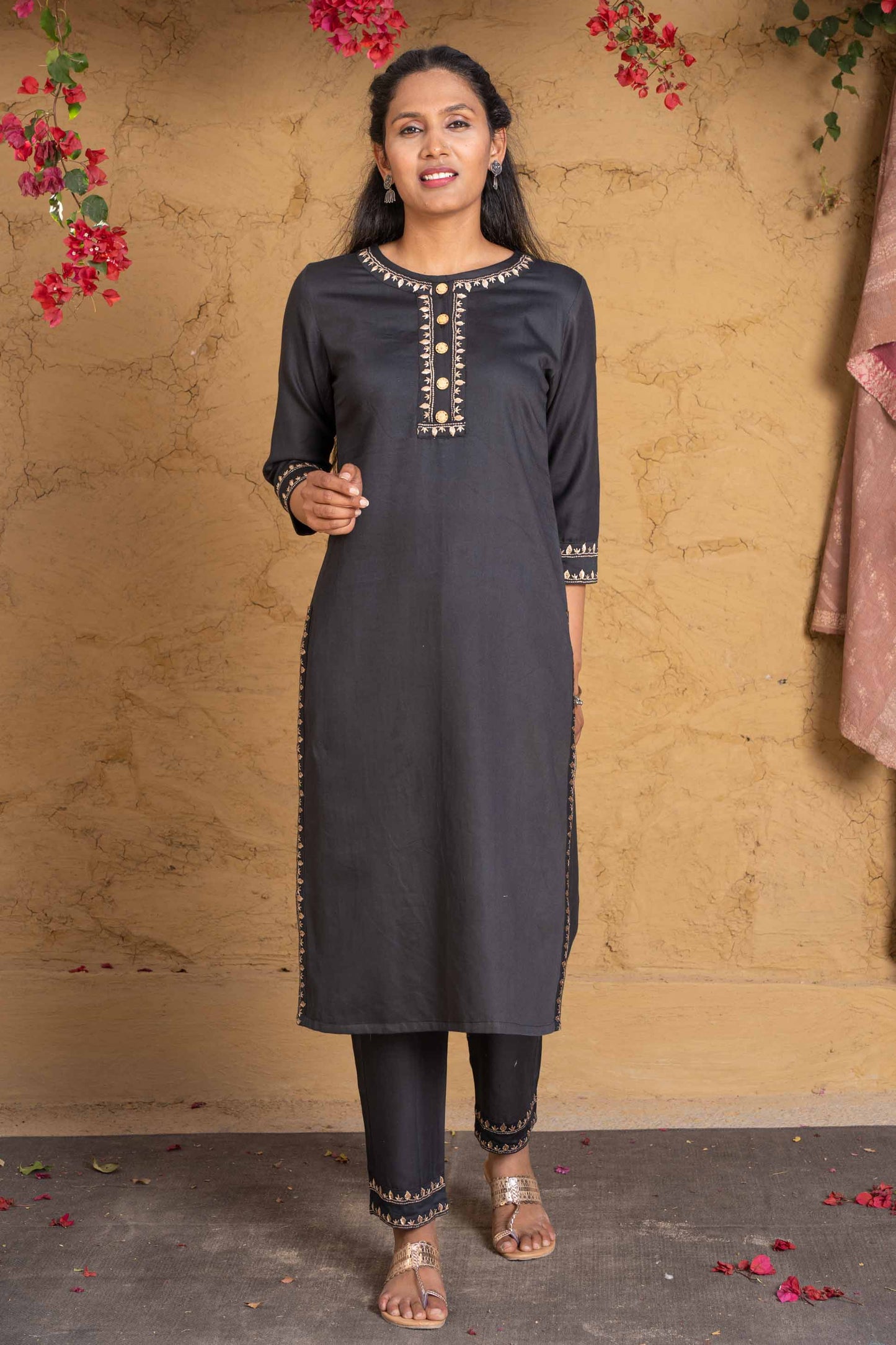 Golden Black Embroidered Kurta Set-KS590